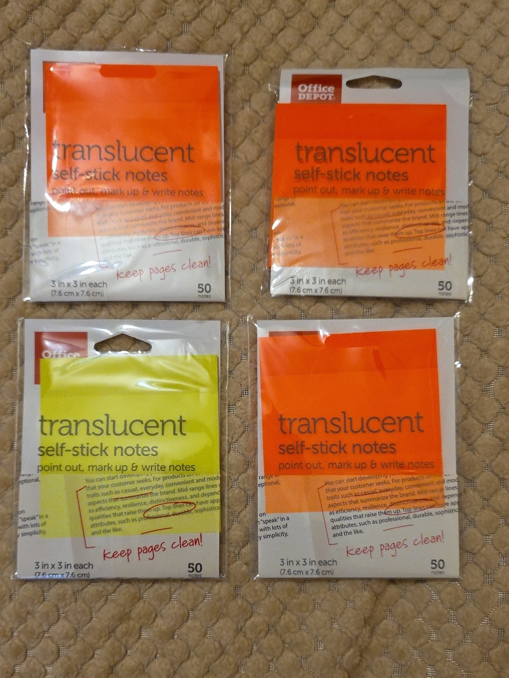 Translucent Self-Stick Notes -3 Orange & 1 Yellow (4 Pack) From Office Depot
